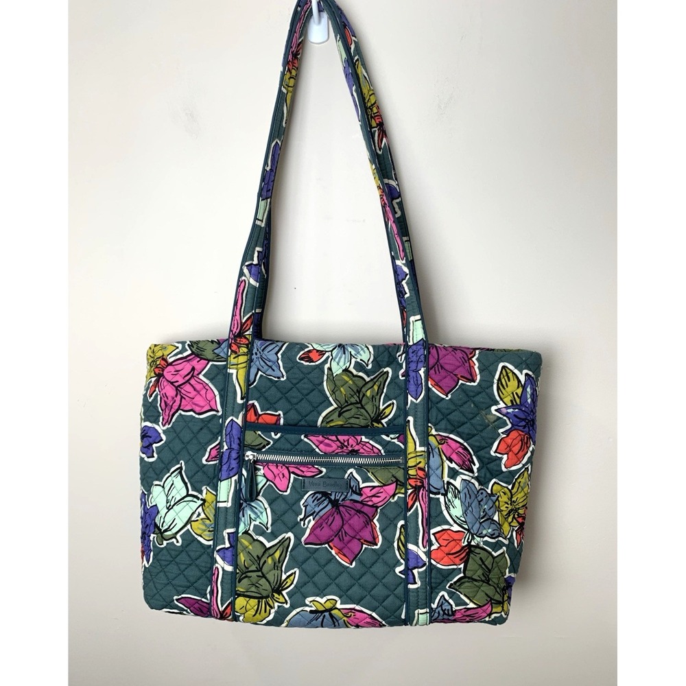 Vera Bradley Large Tote Bag Falling Flowers Green Zip Top Quilted Shoulder READ